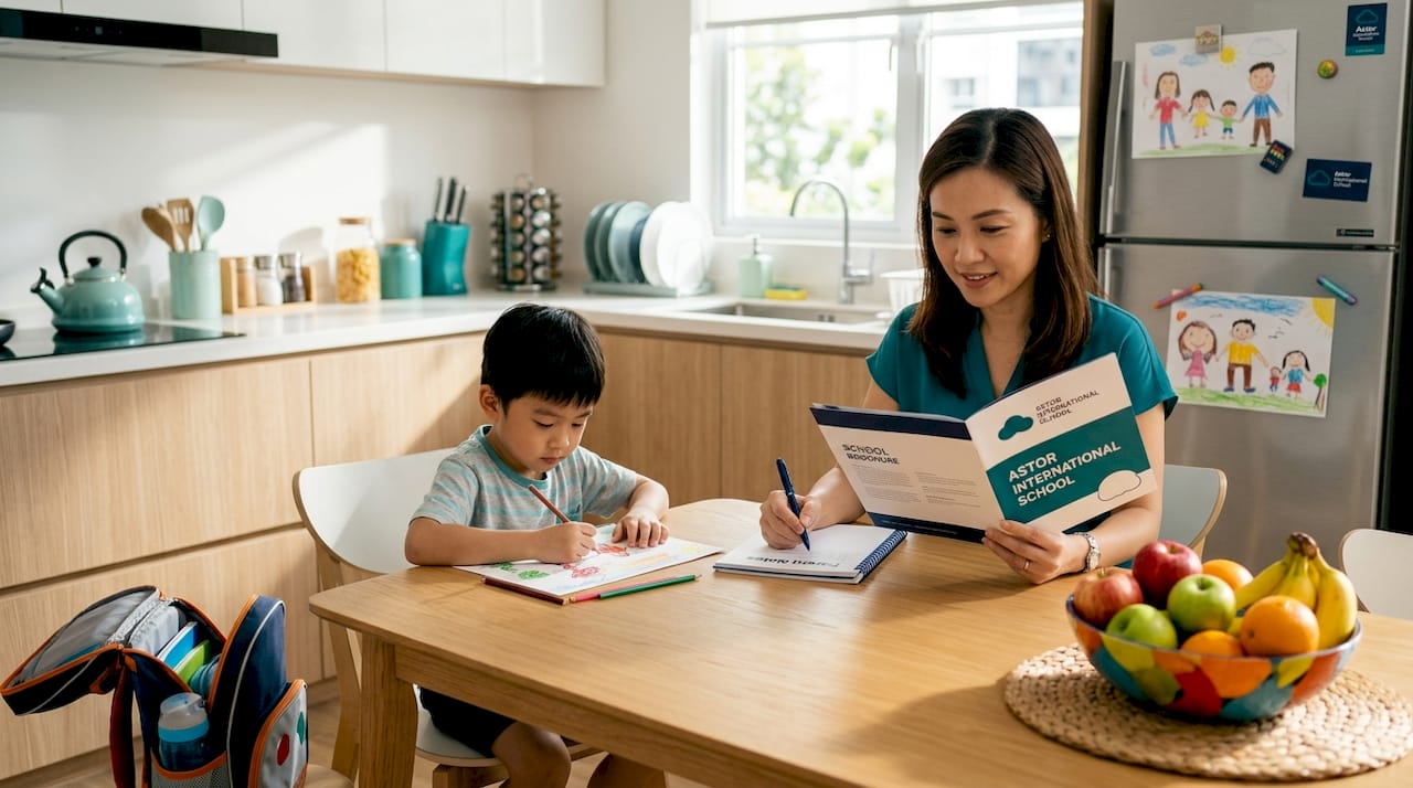 Singaporean parent researching school options at kitchen table