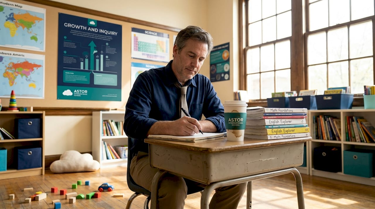Teacher writing in quiet classroom during break