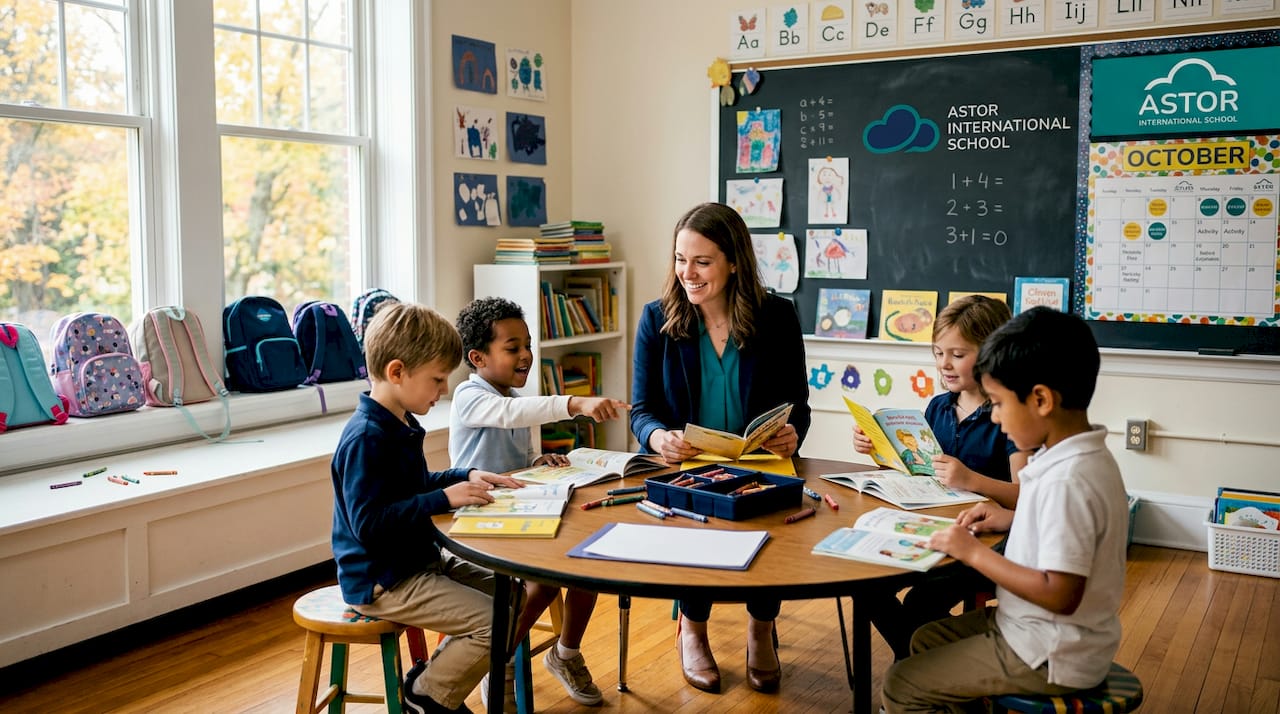 Teacher guiding small group of students in classroom