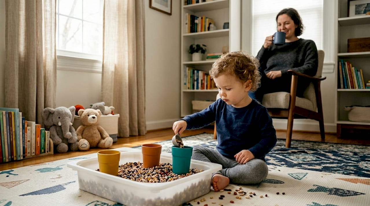 Toddler using sensory bin in cozy living room