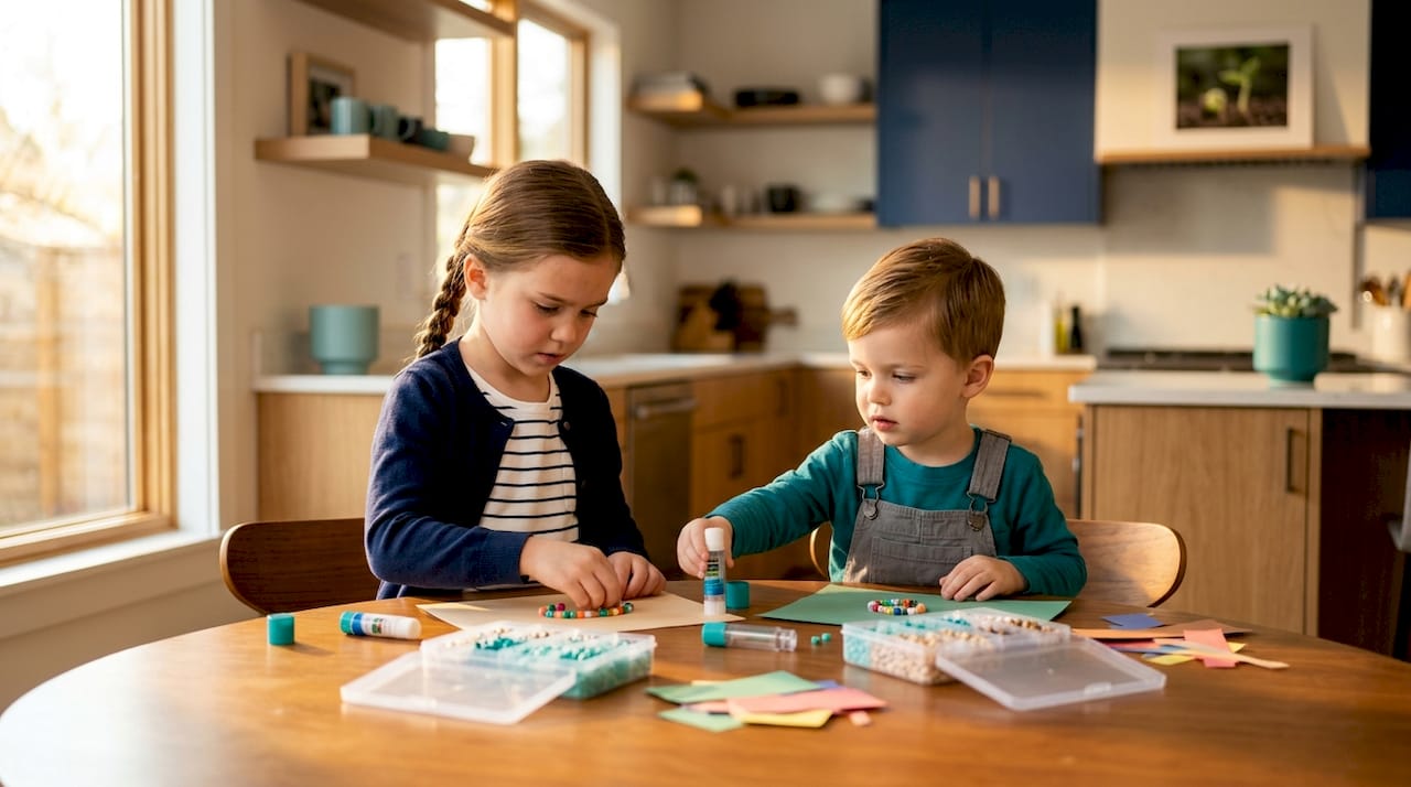 Children crafting enrichment project at kitchen table
