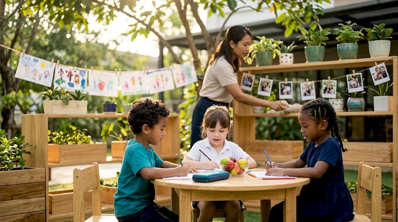 Preschoolers socializing at classroom table
