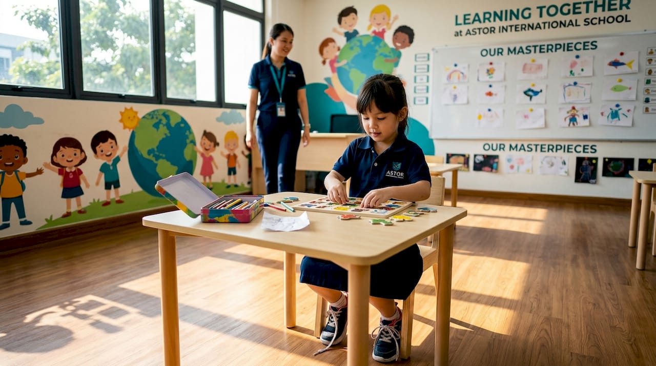 Child engaged in hands-on classroom learning