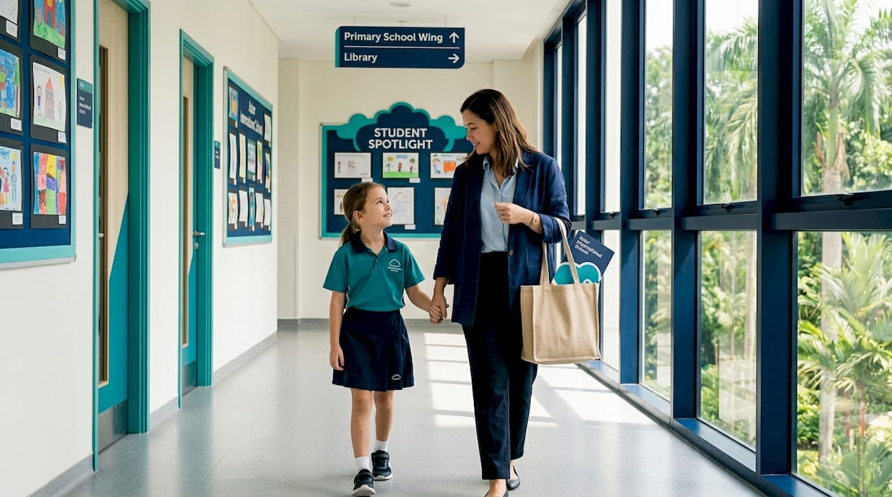 Parent and child walking in school hallway