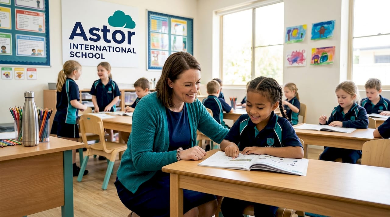 Teacher helping student at classroom desk
