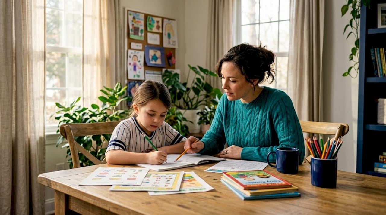 Parent helping child with homework discussion