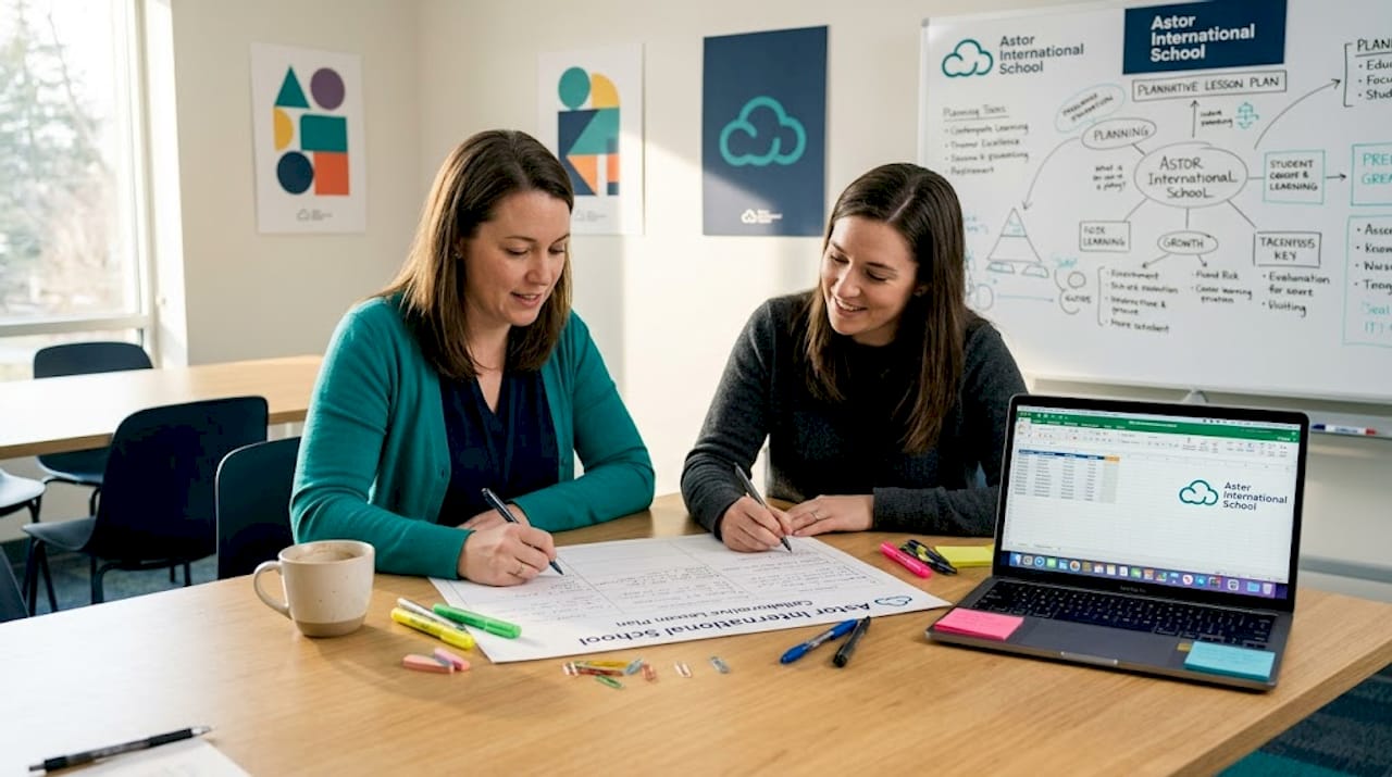Teachers jointly planning with handwritten notes