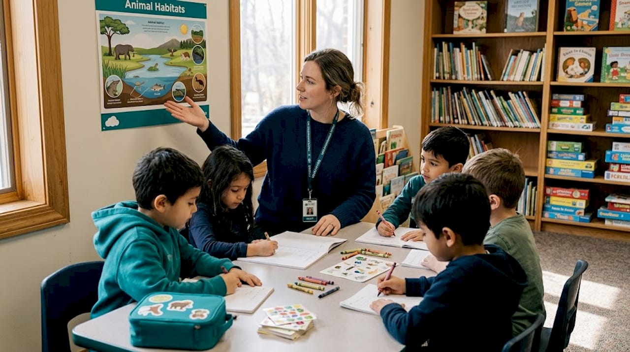 Teacher helping students in bright small class