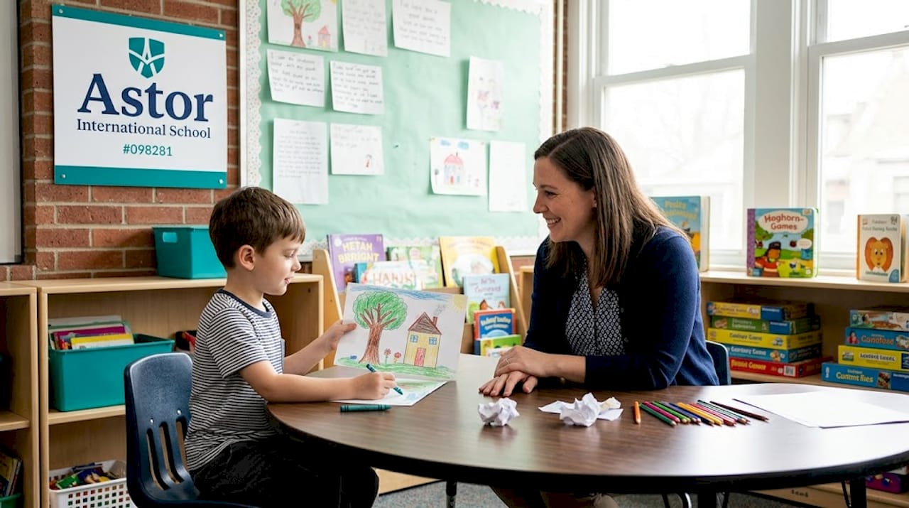Student shares drawing in supportive classroom
