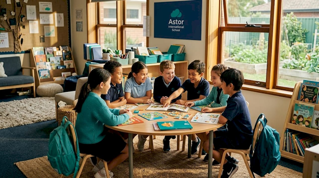 Students collaborating at classroom table