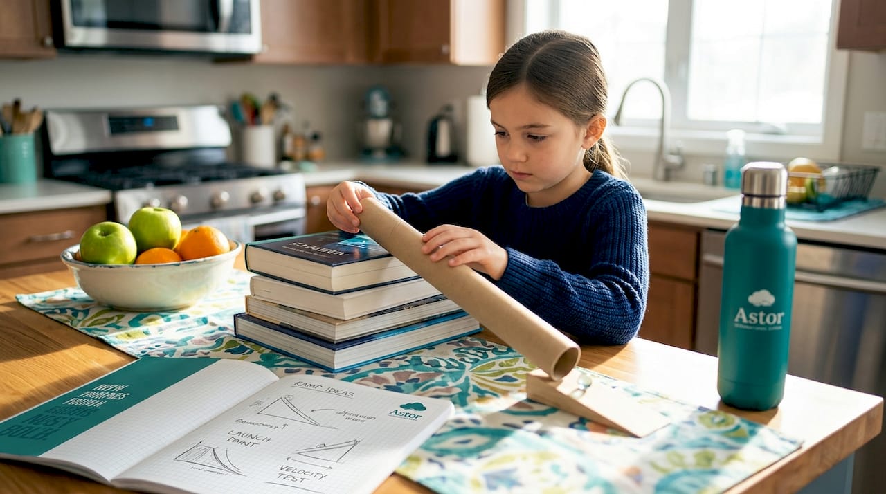 Girl building marble ramp on kitchen island