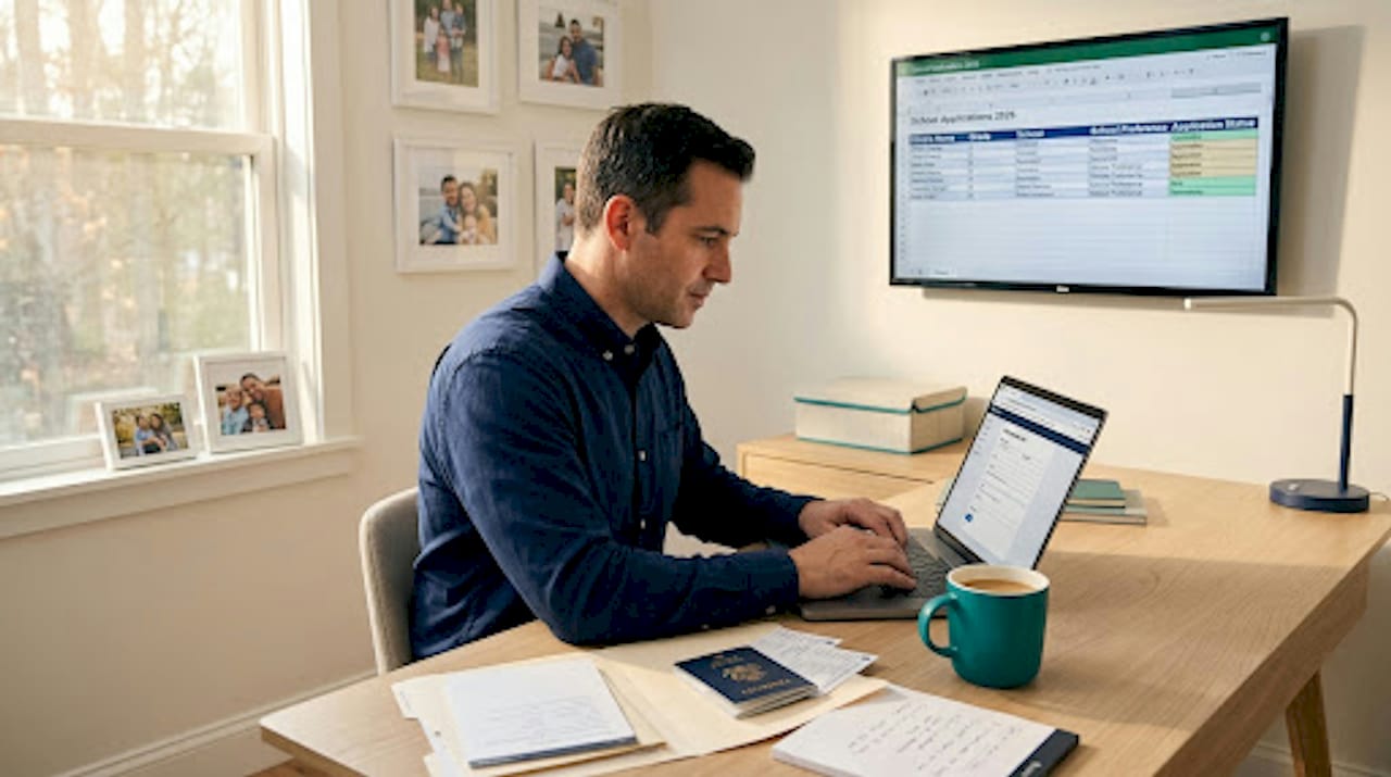 Father organizing documents digitally at desk