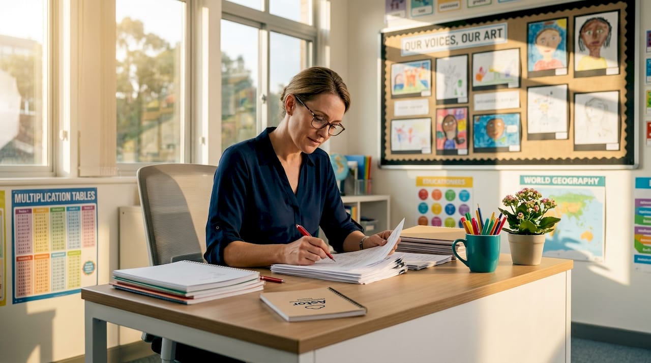 Female teacher grading papers in classroom