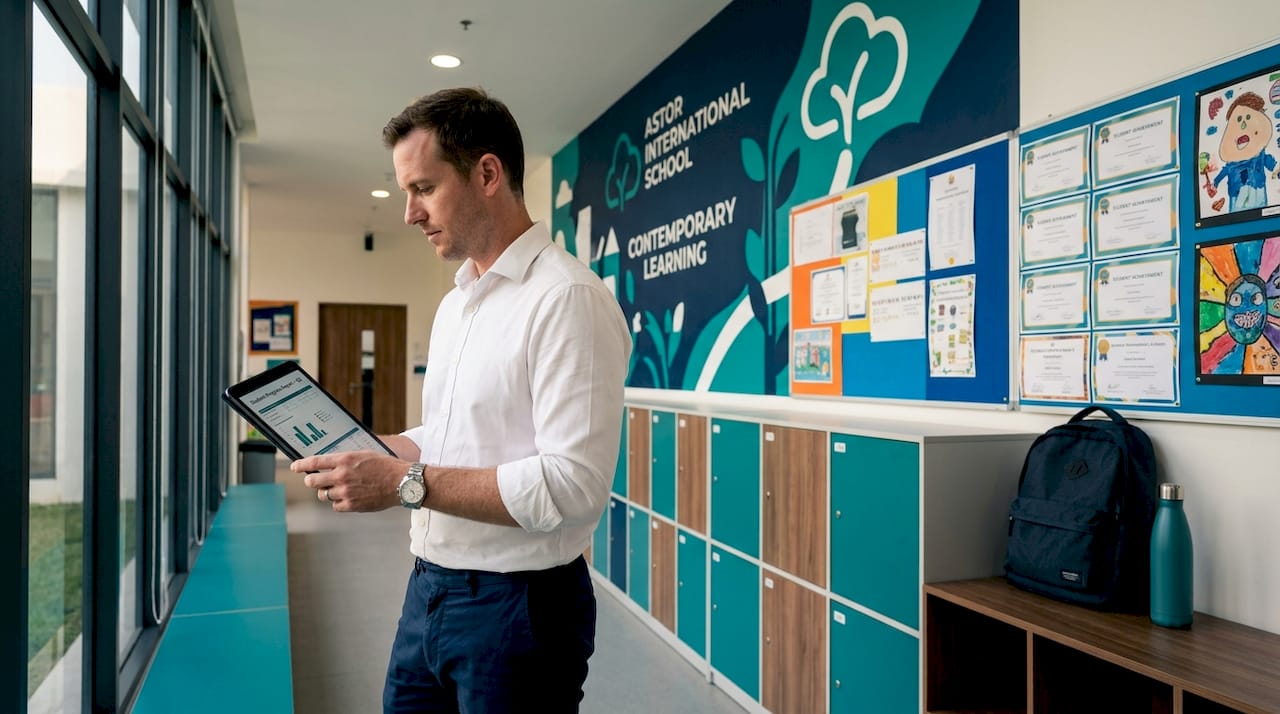 Secondary school teacher reviewing reports near window