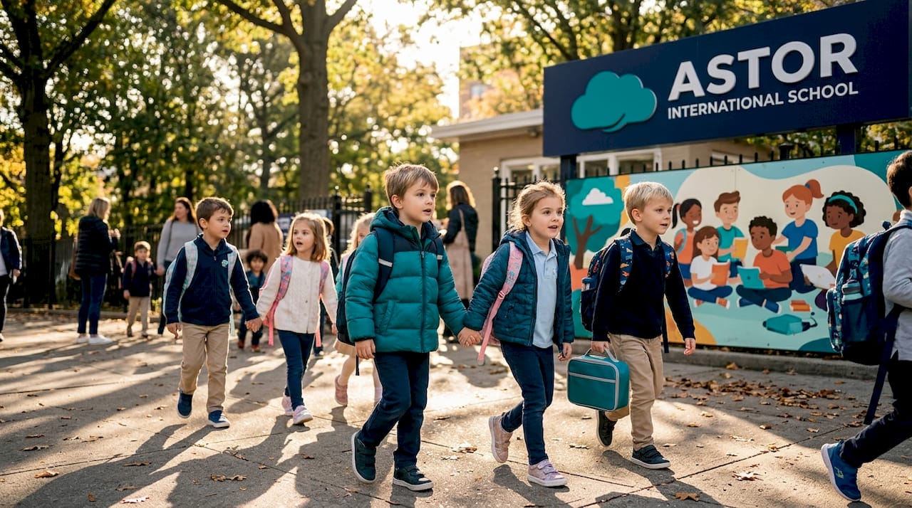 Children arriving at primary school on first day