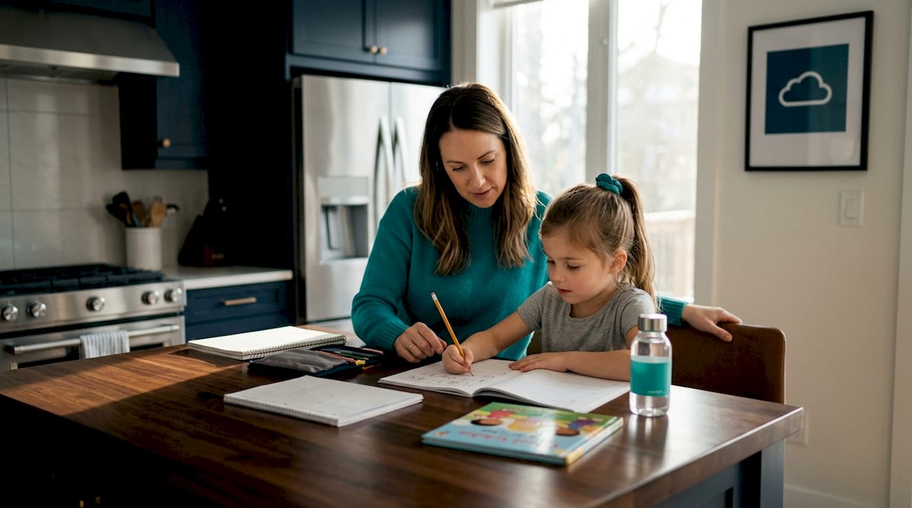 Mother helping child with homework at kitchen table