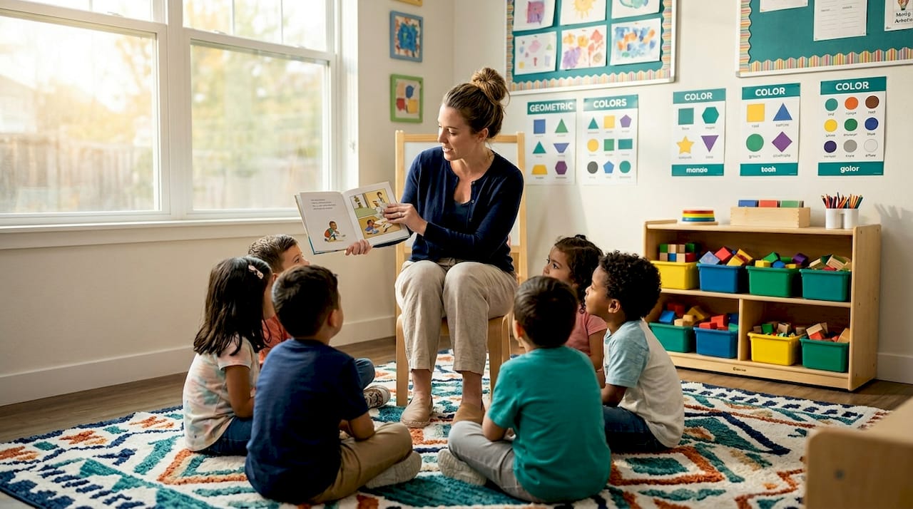 Teacher reading to children in preschool classroom