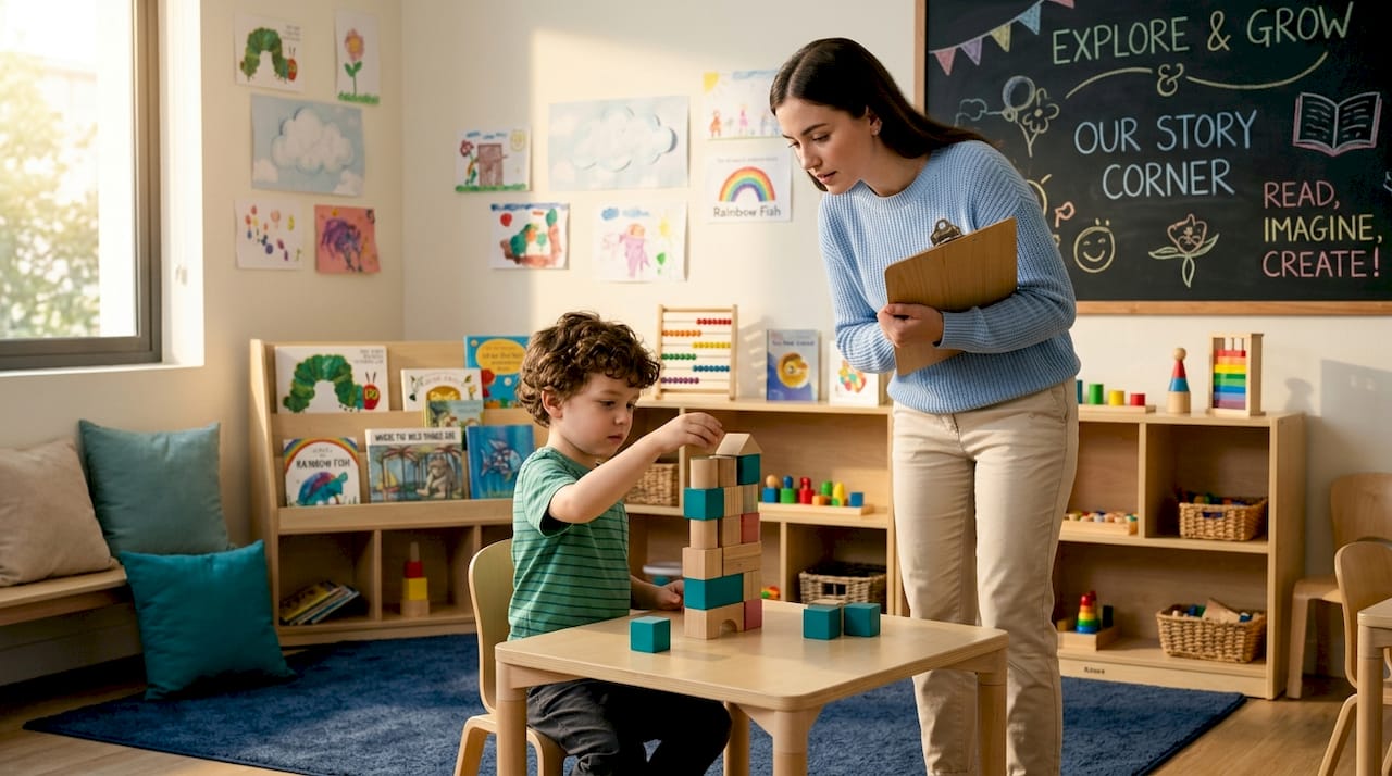Teacher observing child building blocks in classroom
