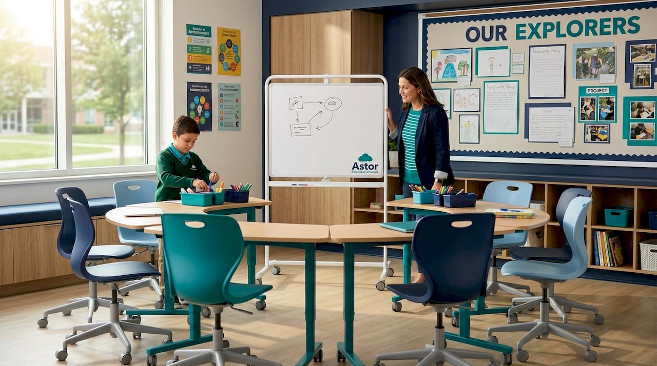 Configurable classroom furniture in use
