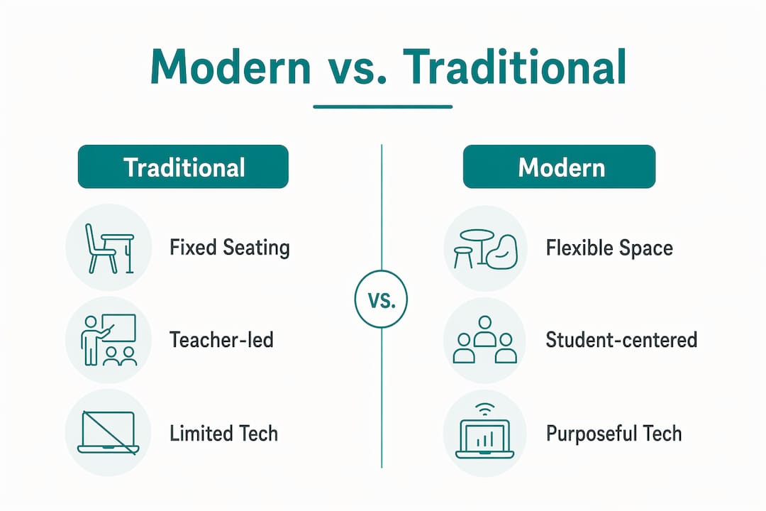 Infographic comparing traditional and modern classrooms
