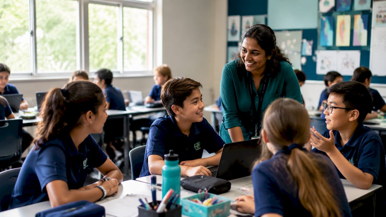 Students collaborating in Singapore international classroom