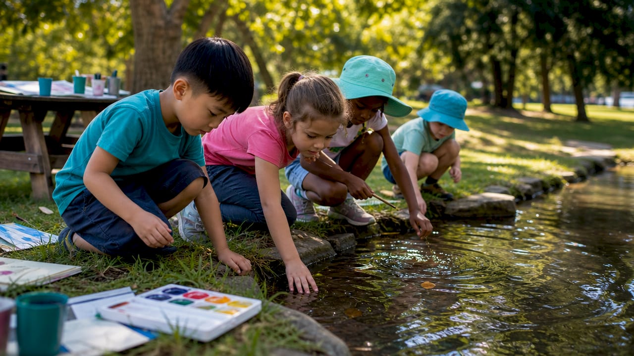 Children exploring plants in outdoor garden