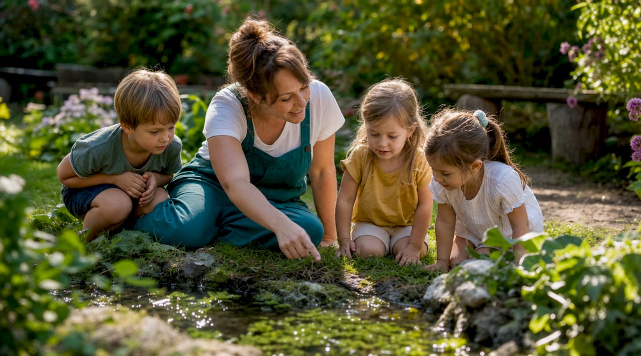 Teacher guiding young kids in pond study indoors