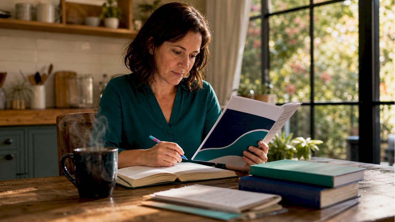 Mother reviewing foreign student support materials