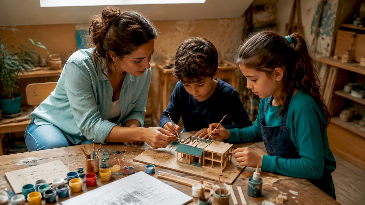 Teacher assisting children with project