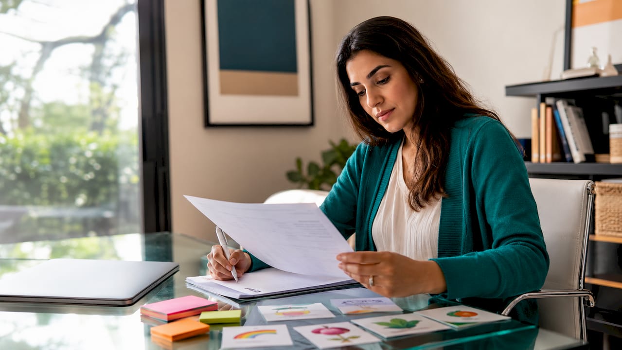 Mother reviewing child's learning journey plan at home
