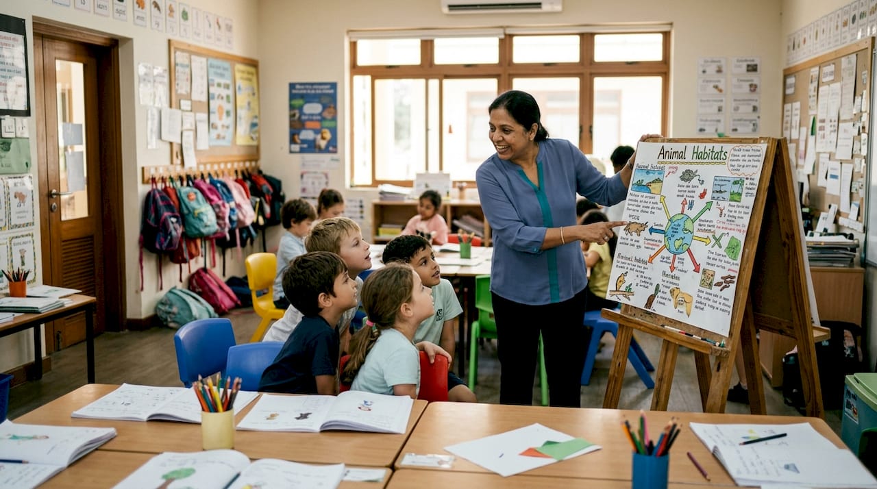 Teacher instructing small group of children