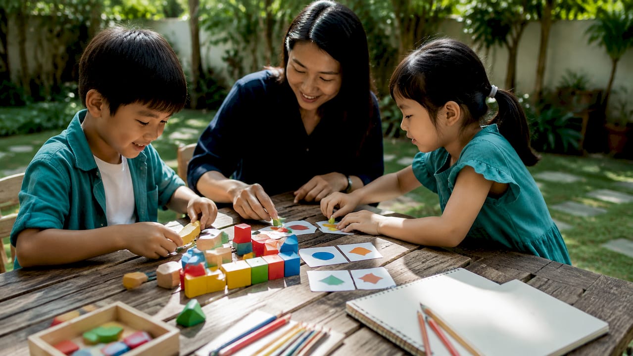 Mother and kids learning playfully at home