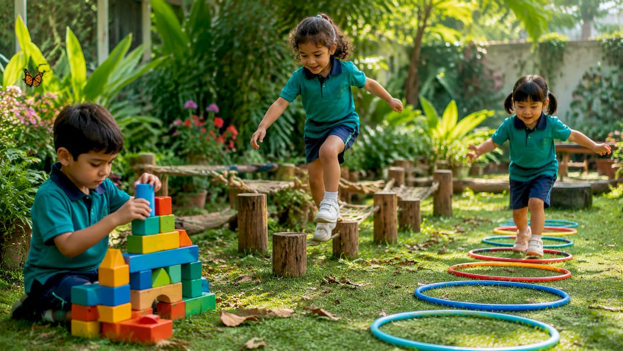 Preschool children engaging in varied learning activities