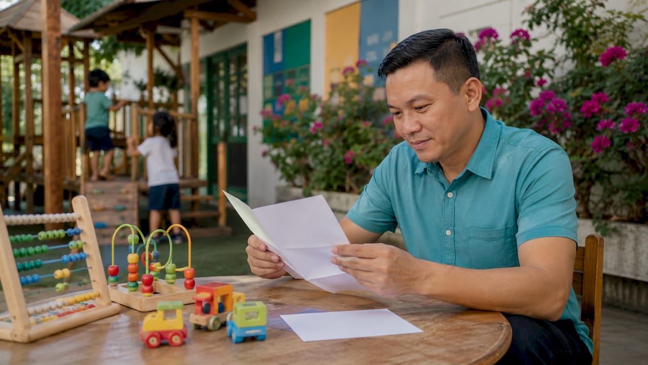 Parent holding child info sheet at school