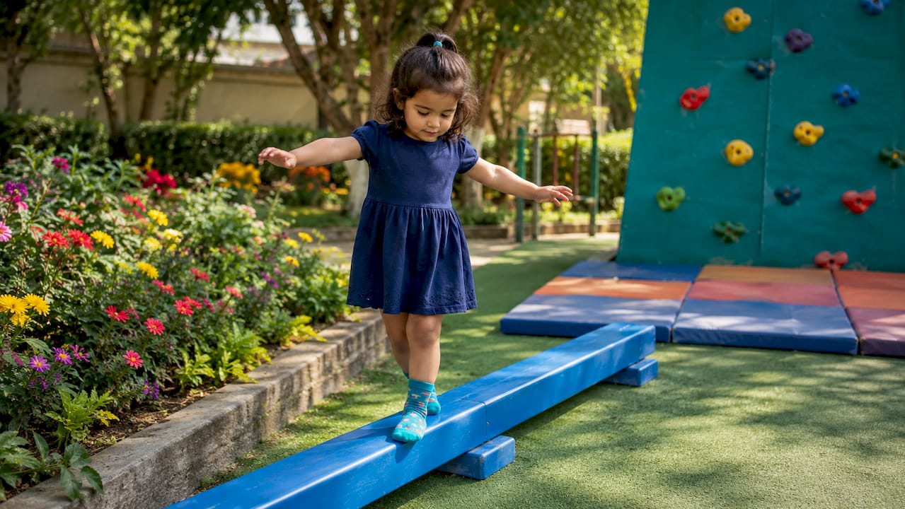 Preschool boy balancing on playground beam