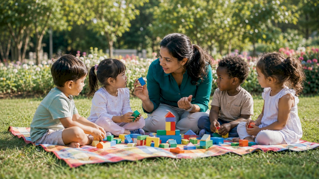 Teacher engaging small preschool children in classroom