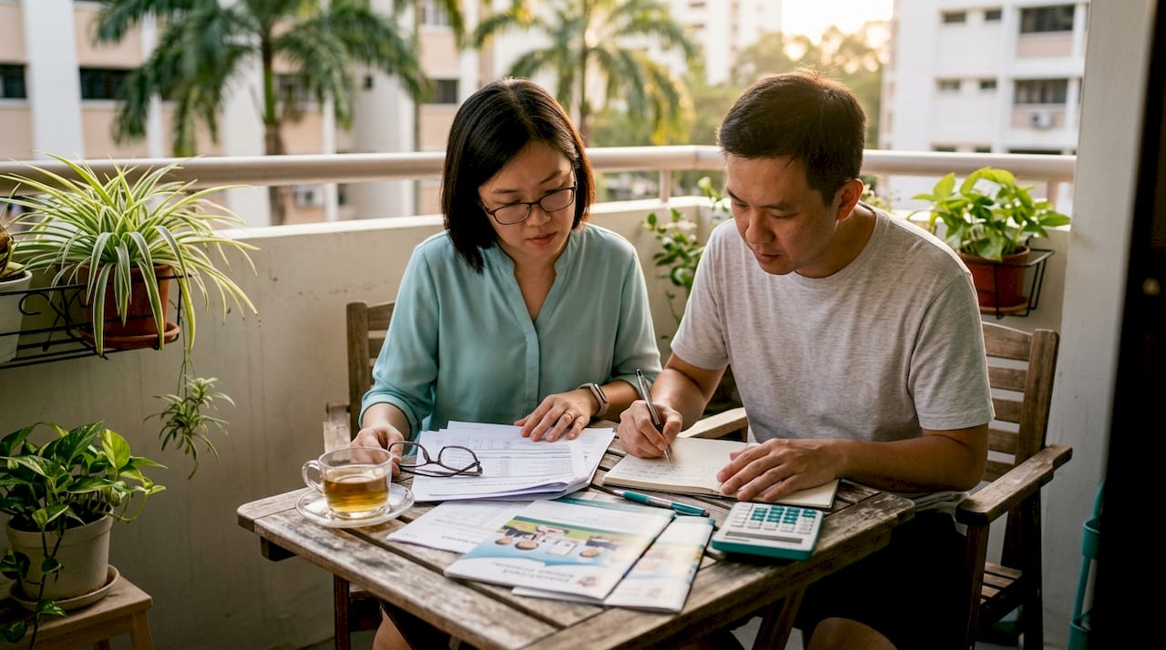 Parents reviewing school fee documents at home