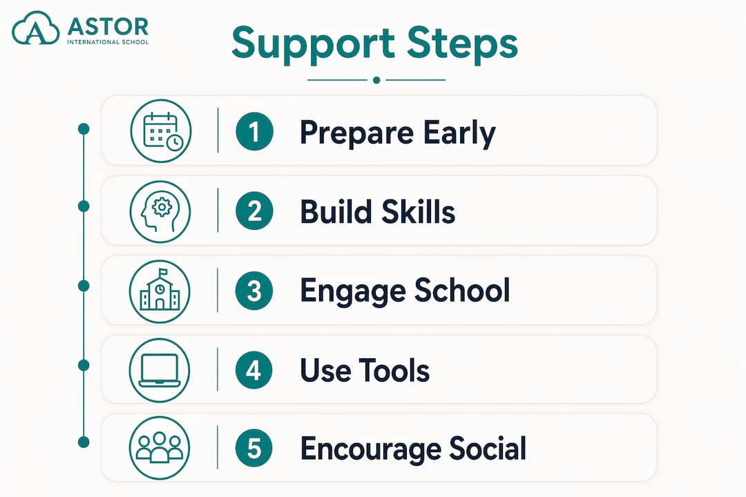 Infographic showing five key steps to support school transition