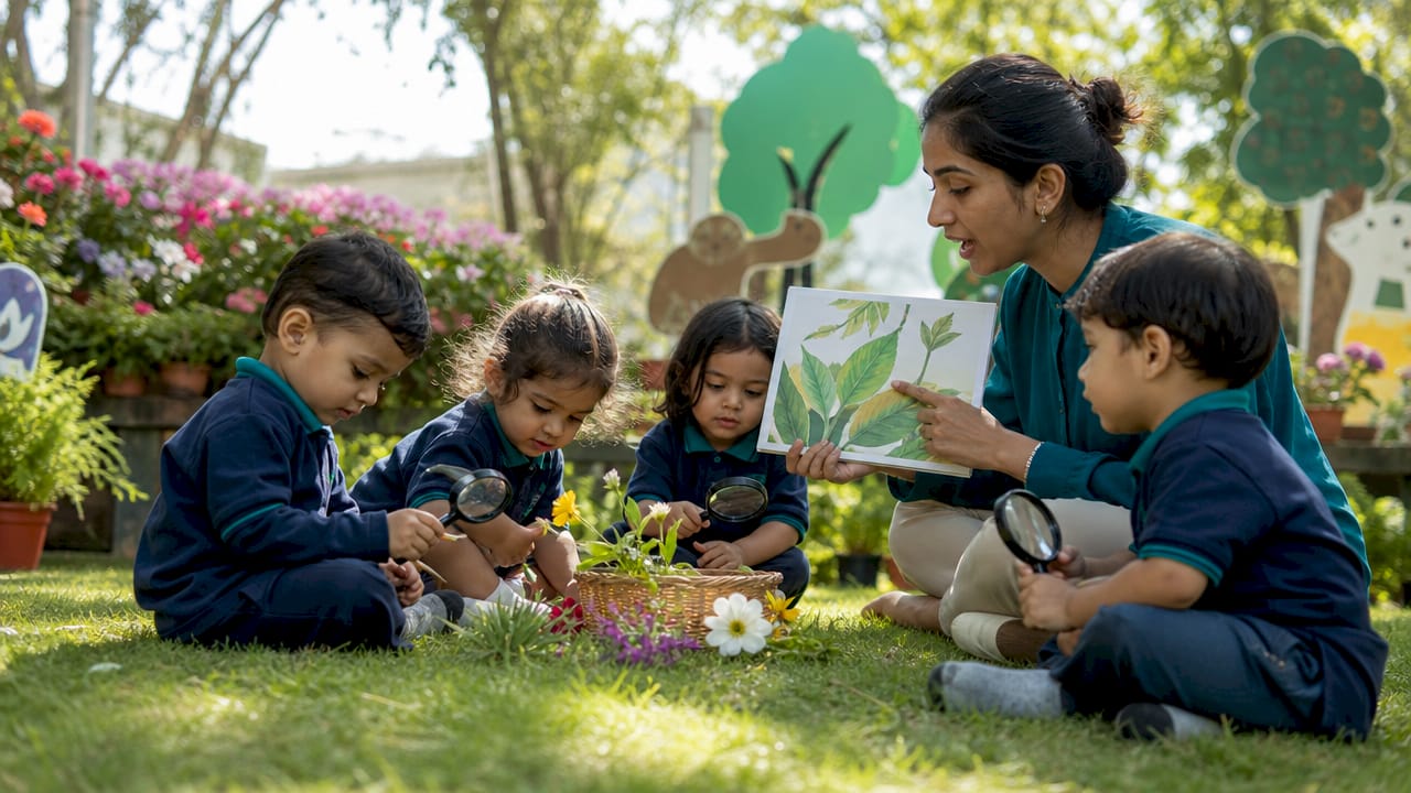 Teacher with toddlers exploring nature theme