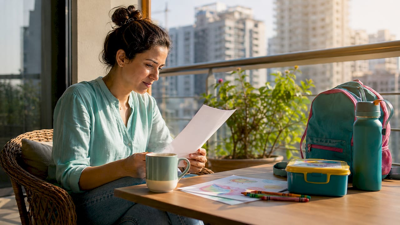 Mother reviewing school transition checklist at kitchen table