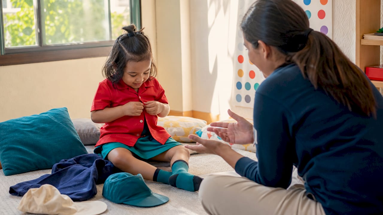 Child practicing buttoning shirt with caregiver guidance
