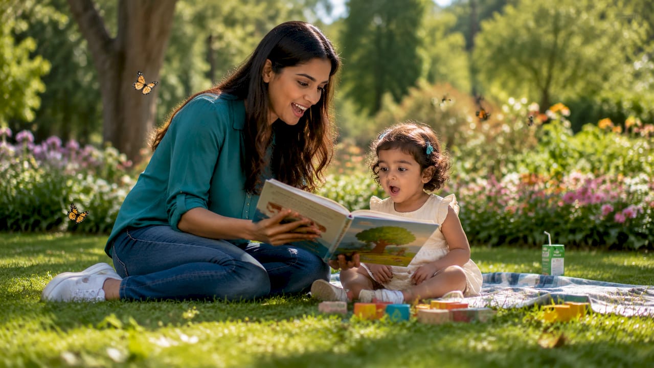 Parent reading to toddler in home setting