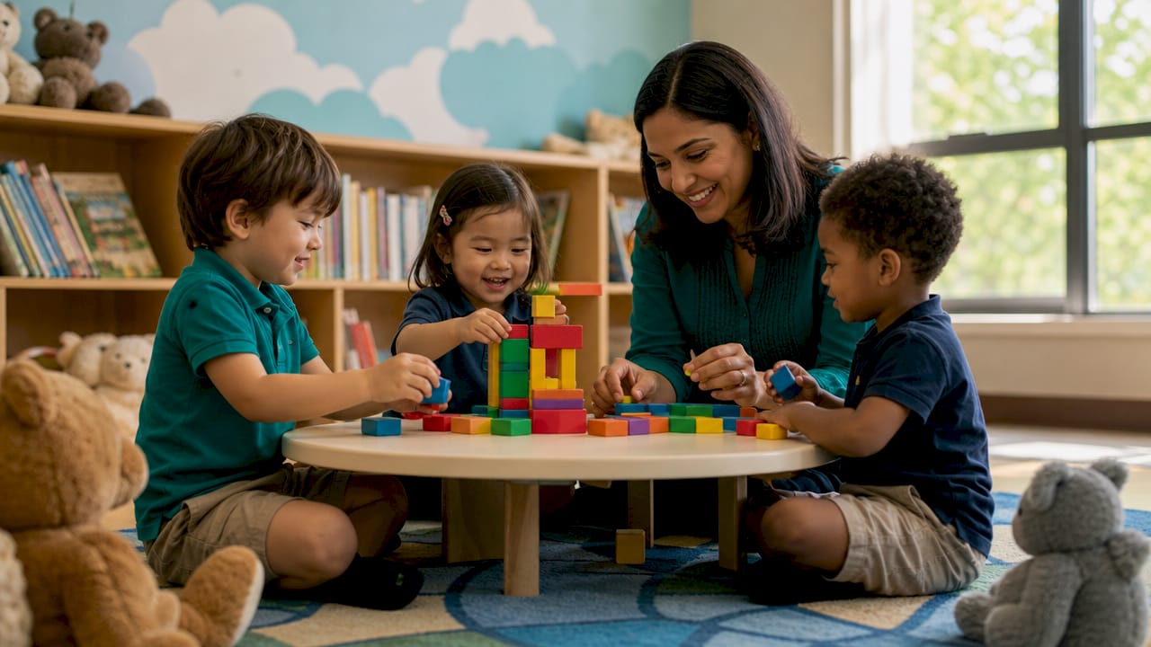 Teacher helping preschoolers with counting beads