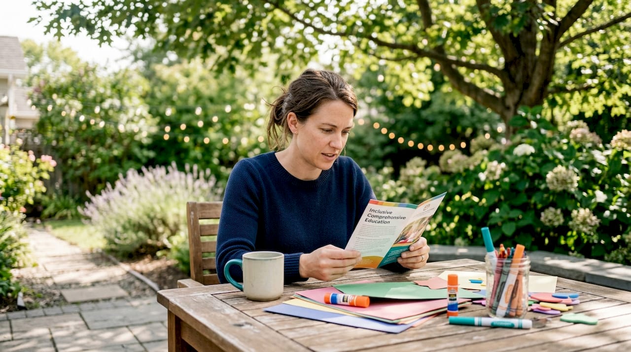 Mother reading education brochure at kitchen table