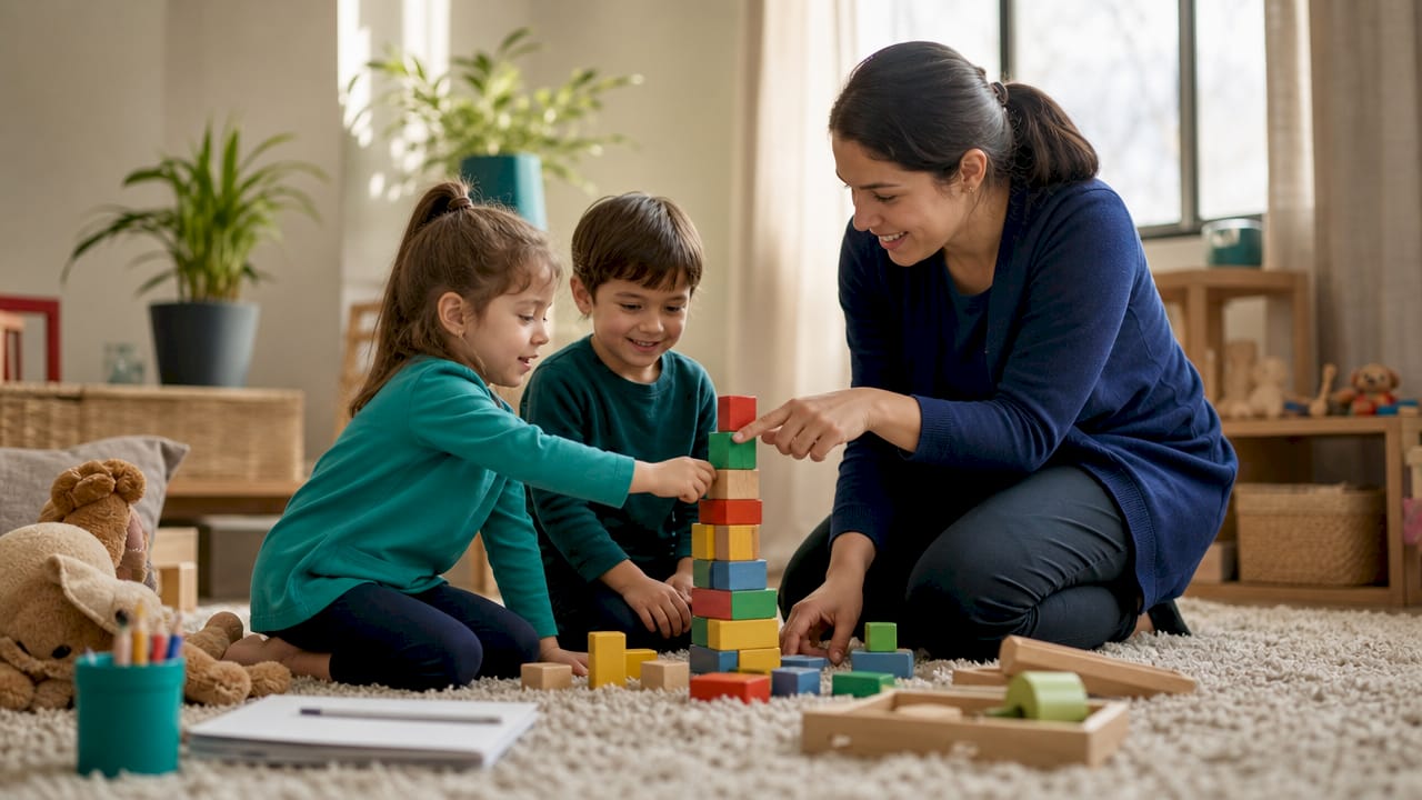 Teacher guiding children in play activity