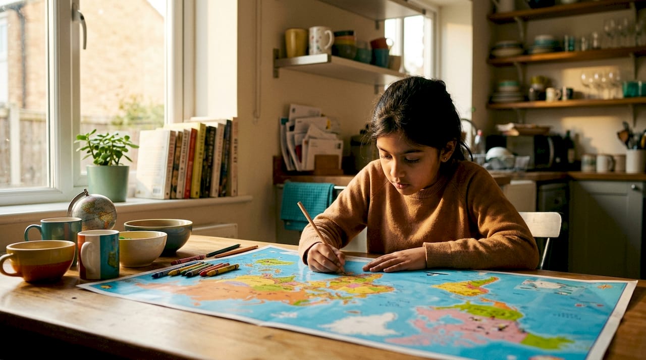 Child studying global map at home library