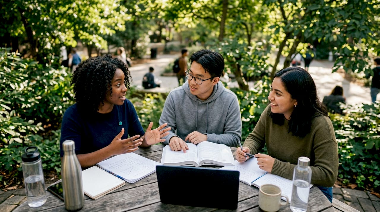 Diverse students in business study discussion