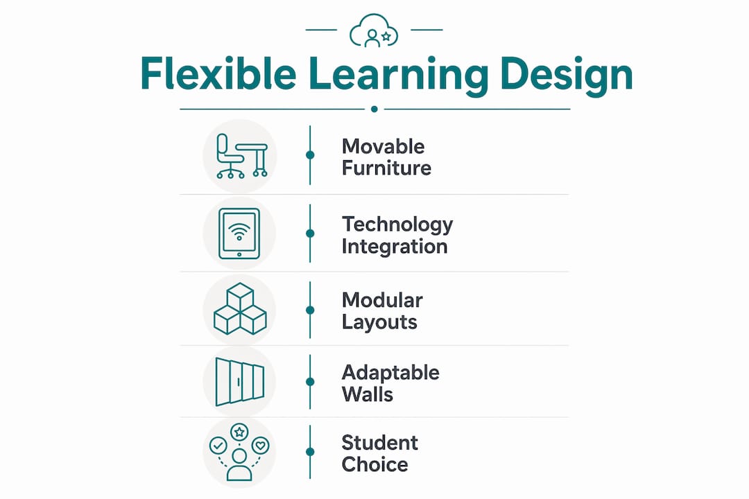 Infographic illustrating key flexible learning space features