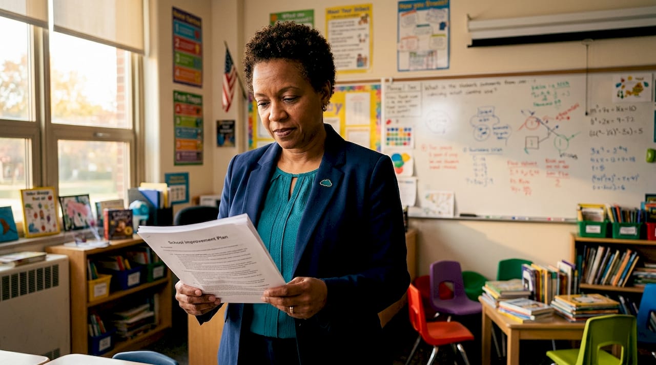 School principal reviewing improvement plan