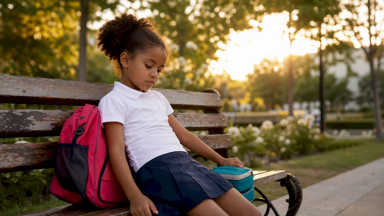 Tired schoolgirl resting at bus stop